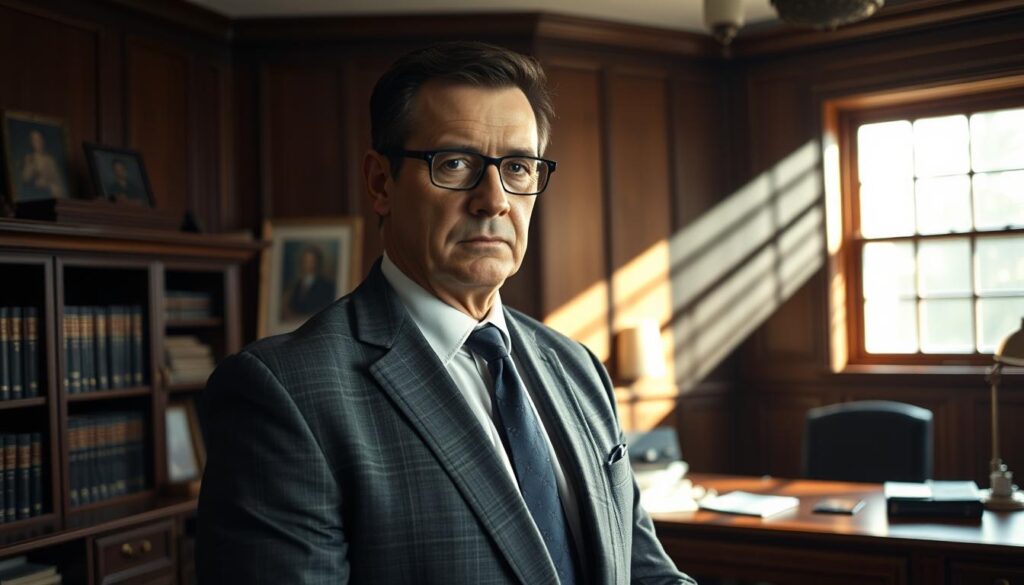 A focused, determined distracted driving accident lawyer stands resolute in a dimly lit, wood-paneled office. Sunlight streams through a large window, casting dramatic shadows that highlight the lawyer's serious expression. They wear a tailored, charcoal gray suit, conveying an air of professionalism and authority. The office is adorned with law books, a sturdy oak desk, and subtle details that suggest expertise and experience. The overall atmosphere is one of quiet confidence, suggesting the lawyer's ability to navigate the complexities of distracted driving cases and advocate fiercely for their clients.