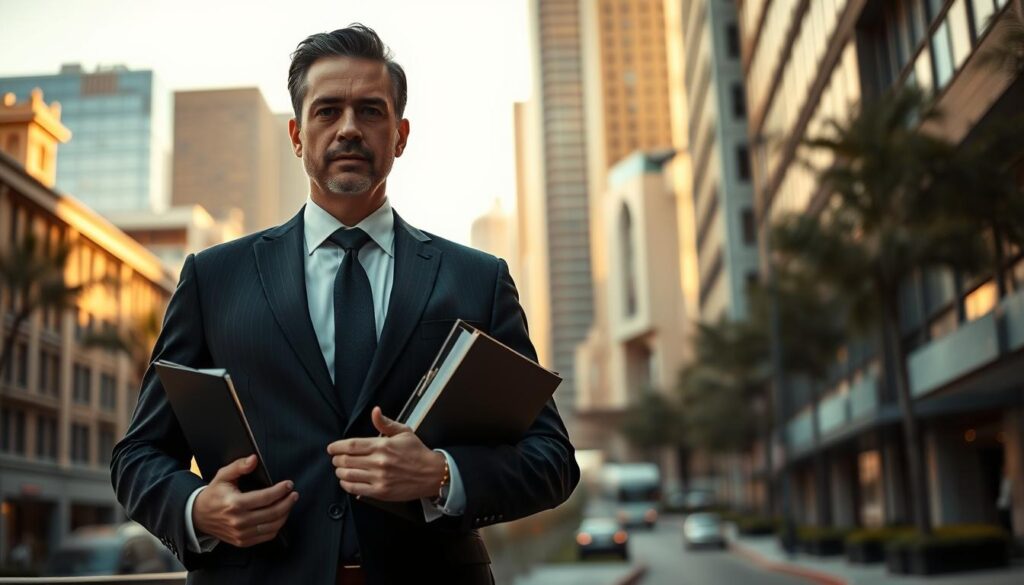 A focused legal professional in a crisp suit stands confidently, holding case files, against a backdrop of a winding city street lined with skyscrapers. The scene is bathed in warm, golden afternoon light, creating a sense of authority and expertise. The lawyer's expression conveys empathy and determination, ready to advocate for the victim of a recent motorcycle accident. The angle is shot from a low perspective, emphasizing the lawyer's commanding presence and expertise in navigating complex legal matters.