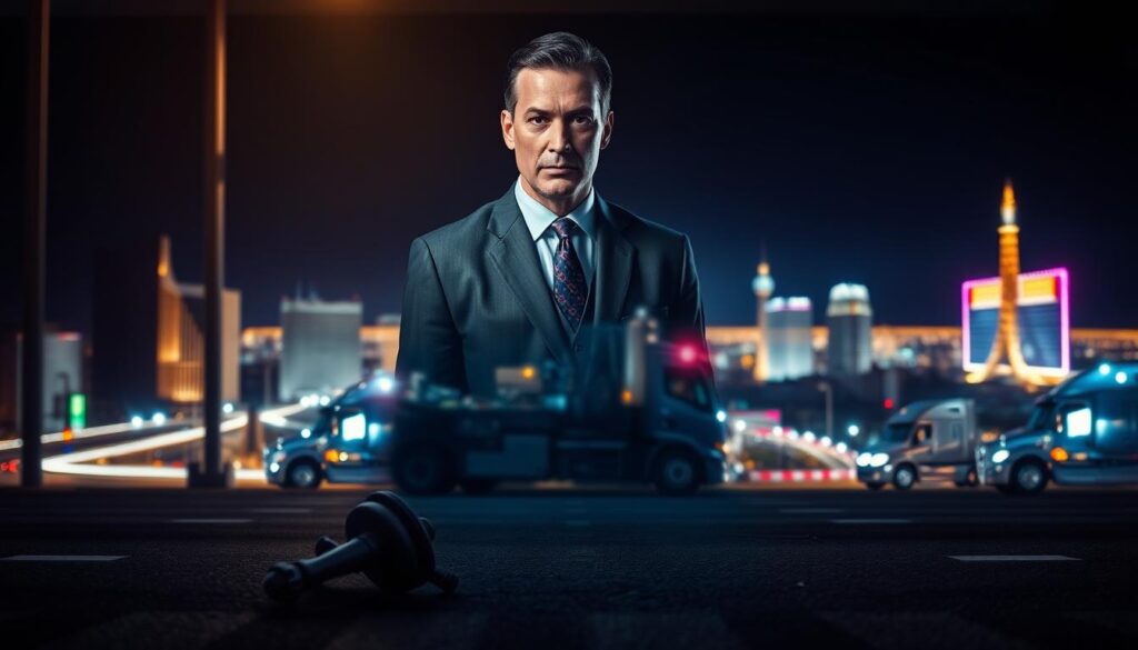 A focused legal professional standing in a dimly lit law office, intense gaze fixed on the camera. Behind them, an expansive cityscape of Las Vegas at night, neon lights casting an ethereal glow. In the foreground, a stylized truck accident scene, debris and skid marks on the pavement. The overall mood is one of determination, expertise, and the gravity of the situation, conveying the importance of specialized legal representation for those affected by a Las Vegas truck accident.