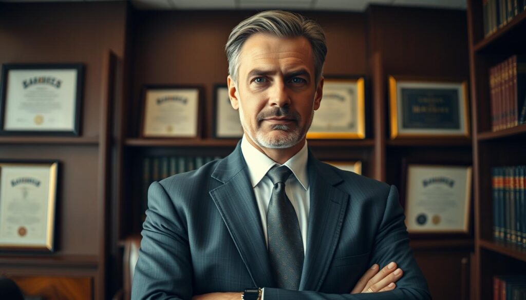 A focused, middle-aged attorney in a sharp suit and tie, standing confidently in a modern, well-lit law office. Surrounded by bookshelves and framed legal certificates, their expression conveys a combination of expertise and empathy. The scene is captured with a medium-wide angle lens, creating a sense of depth and professionalism. The lighting is warm and slightly dramatic, highlighting the attorney's determined gaze and conveying a sense of authority and trustworthiness. The overall mood is one of competence and reliability, setting the stage for a successful outcome in a dog bite case.