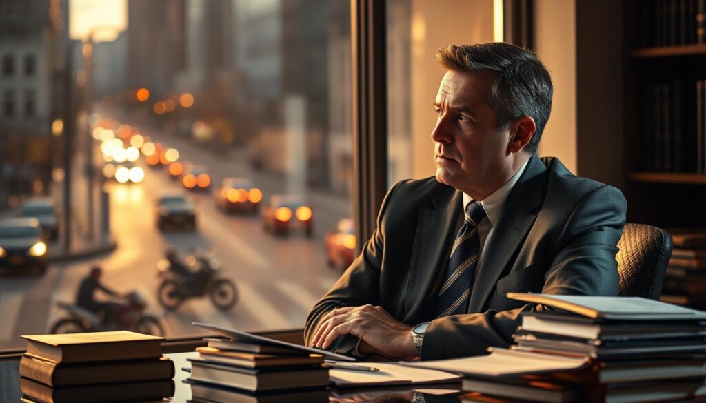 A focused middle-aged man in a sharp suit, sitting at his desk, deep in thought, surrounded by law books and documents. Behind him, a large window overlooking a busy city street, with the faint silhouette of a motorcycle accident scene visible in the distance. Warm, directional lighting from the side creates dramatic shadows, conveying a sense of intensity and purpose. The overall mood is one of professionalism, expertise, and dedication to helping those affected by motorcycle accidents. A focused middle-aged man in a sharp suit, sitting at his desk, deep in thought, surrounded by law books and documents. Behind him, a large window overlooking a busy city street, with the faint silhouette of a motorcycle accident scene visible in the distance. Warm, directional lighting from the side creates dramatic shadows, conveying a sense of intensity and purpose. The overall mood is one of professionalism, expertise, and dedication to helping those affected by motorcycle accidents.