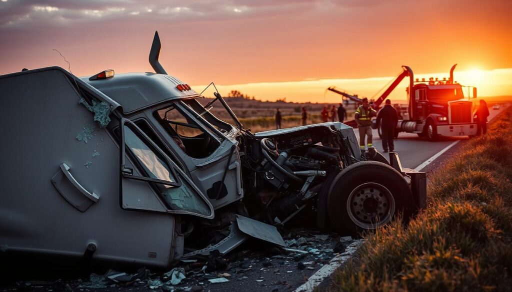 A harrowing semi-truck accident scene, documented in vivid detail. In the foreground, the crumpled cab of the semi lies on its side, surrounded by shattered glass and twisted metal. Mid-frame, emergency responders attend to the injured driver, their faces etched with concern. In the background, a tow truck prepares to haul the wreckage, as onlookers gather solemnly. The scene is bathed in the warm glow of sunset, casting long shadows and a somber mood. Crisp, high-resolution imagery captured with a wide-angle lens, conveying the scale and gravity of the incident. A harrowing semi-truck accident scene, documented in vivid detail. In the foreground, the crumpled cab of the semi lies on its side, surrounded by shattered glass and twisted metal. Mid-frame, emergency responders attend to the injured driver, their faces etched with concern. In the background, a tow truck prepares to haul the wreckage, as onlookers gather solemnly. The scene is bathed in the warm glow of sunset, casting long shadows and a somber mood. Crisp, high-resolution imagery captured with a wide-angle lens, conveying the scale and gravity of the incident.