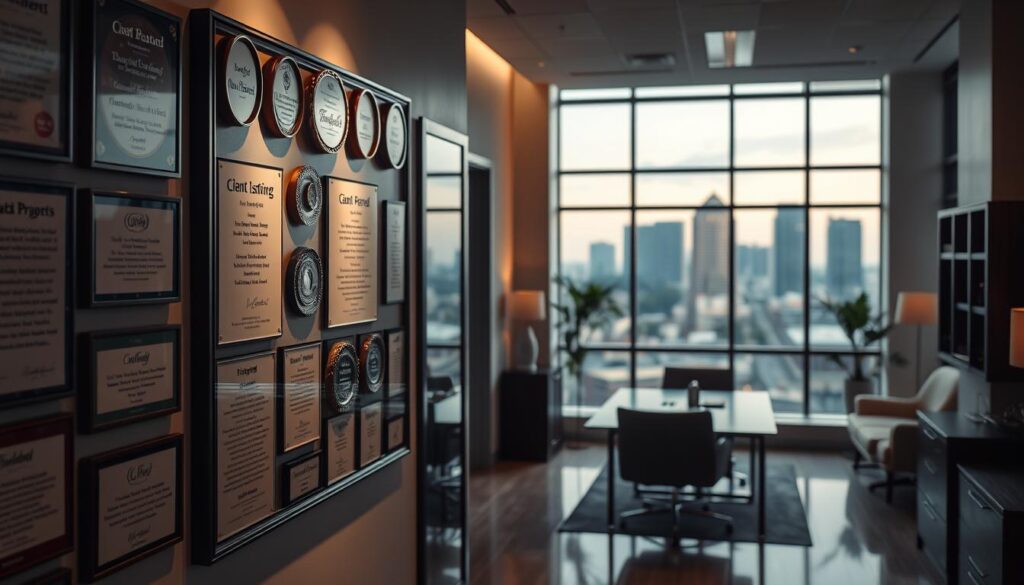 A high-resolution, cinematic photograph of a Grand Prairie, Texas personal injury lawyer's office, showcasing their successful track record. The foreground features a wall-mounted display with accolades, awards, and client testimonials, illuminated by warm, directional lighting. The middle ground shows a modern, well-appointed office space with clean lines and professional furnishings. The background depicts the cityscape of Grand Prairie through large windows, hinting at the lawyer's deep roots in the community. The overall scene conveys a sense of trust, expertise, and a proven history of delivering positive outcomes for clients.