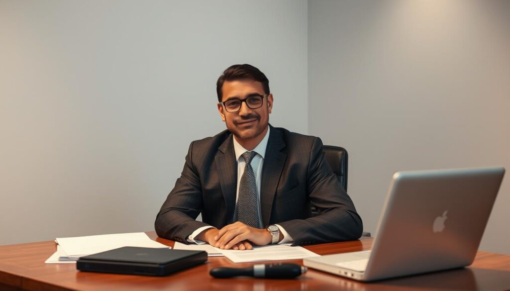 A knowledgeable and compassionate disability benefits lawyer, dressed in a sharp suit, sits at a desk surrounded by legal documents and a laptop. Warm, directional lighting illuminates their focused expression, conveying a sense of expertise and dedication to their client's case. The background features a minimalist office setting, with clean lines and muted colors that create a professional yet approachable atmosphere. The overall impression is one of a skilled and trustworthy legal advocate, ready to guide the viewer through the complexities of the disability benefits system. A knowledgeable and compassionate disability benefits lawyer, dressed in a sharp suit, sits at a desk surrounded by legal documents and a laptop. Warm, directional lighting illuminates their focused expression, conveying a sense of expertise and dedication to their client's case. The background features a minimalist office setting, with clean lines and muted colors that create a professional yet approachable atmosphere. The overall impression is one of a skilled and trustworthy legal advocate, ready to guide the viewer through the complexities of the disability benefits system.