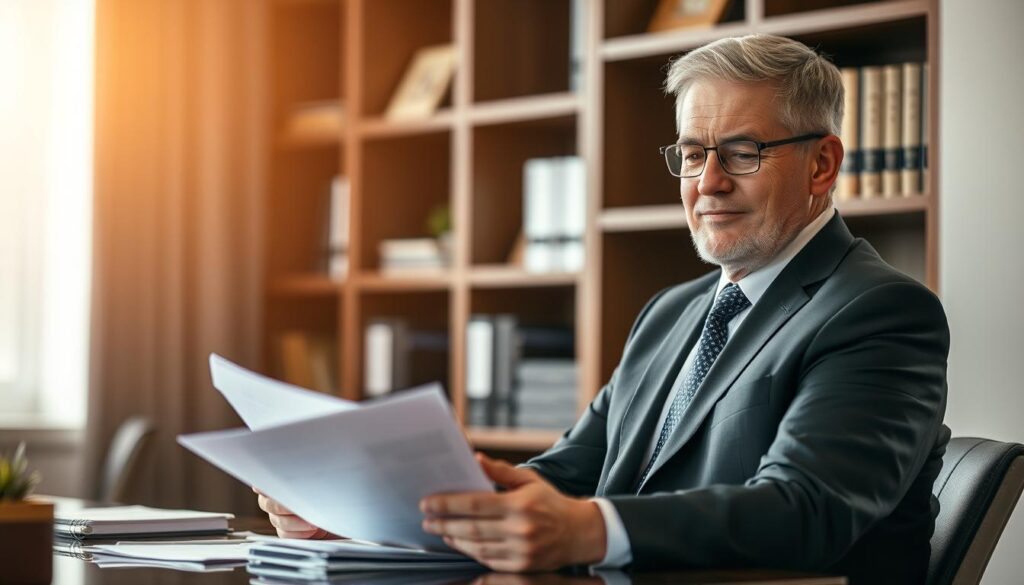 A knowledgeable and compassionate disability claim attorney, dressed in a sharp suit, sits at their desk, consulting files and documents. The lighting is warm and professional, casting a soft glow on the attorney's face as they focus intently on the task at hand. The office environment is modern and well-appointed, with a bookshelf in the background, hinting at the attorney's expertise and experience. The overall mood conveys a sense of trust, reliability, and a commitment to advocating for the client's best interests throughout the disability claim process. A knowledgeable and compassionate disability claim attorney, dressed in a sharp suit, sits at their desk, consulting files and documents. The lighting is warm and professional, casting a soft glow on the attorney's face as they focus intently on the task at hand. The office environment is modern and well-appointed, with a bookshelf in the background, hinting at the attorney's expertise and experience. The overall mood conveys a sense of trust, reliability, and a commitment to advocating for the client's best interests throughout the disability claim process.