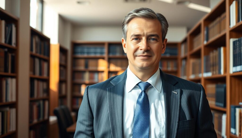 A knowledgeable and compassionate disability rights lawyer, dressed in a crisp suit, stands confidently in a modern, well-lit office. Bookshelves line the walls, casting a warm glow across the room. The lawyer's expression exudes determination, signifying their unwavering commitment to advocating for their clients' rights and building a strong legal case. Sunlight streams through large windows, illuminating the lawyer's workspace and creating a sense of professionalism and authority. The overall atmosphere conveys the lawyer's expertise, empathy, and the importance of their role in empowering individuals with disabilities to assert their legal rights.