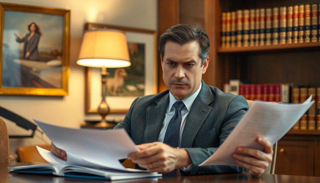 A knowledgeable and confident wrongful termination lawyer seated at a wooden desk, dressed in a sharp charcoal gray suit, examining documents intently under the warm glow of a desk lamp. The office backdrop features tasteful artwork and shelves of legal tomes, conveying an atmosphere of professionalism and expertise. The lawyer's expression is serious yet reassuring, projecting the gravitas and care required when handling sensitive employment disputes. Crisp, high-resolution photography with a shallow depth of field, capturing the lawyer in a pensive, contemplative pose.