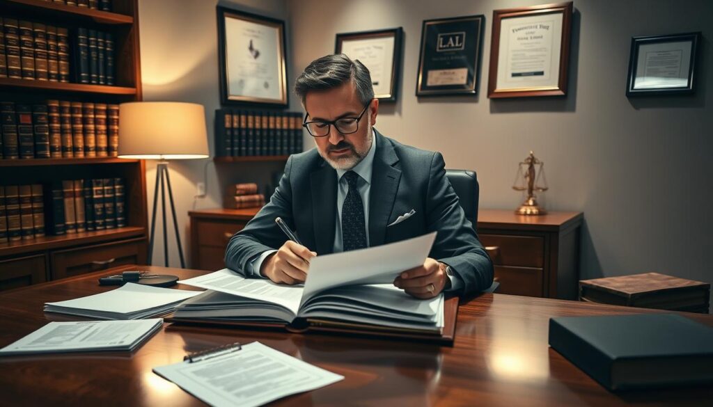 A knowledgeable and experienced prenuptial agreement specialist sits at a wooden desk, poring over legal documents and case files with a focused expression. Elegant office shelves line the walls, filled with legal tomes and framed accolades. Soft, directional lighting from a minimalist desk lamp casts subtle shadows, conveying an atmosphere of professionalism and expertise. The specialist's attire is polished and refined, complementing the refined setting. The overall scene exudes an air of authority and trustworthiness, befitting a legal expert providing specialized prenuptial counsel.