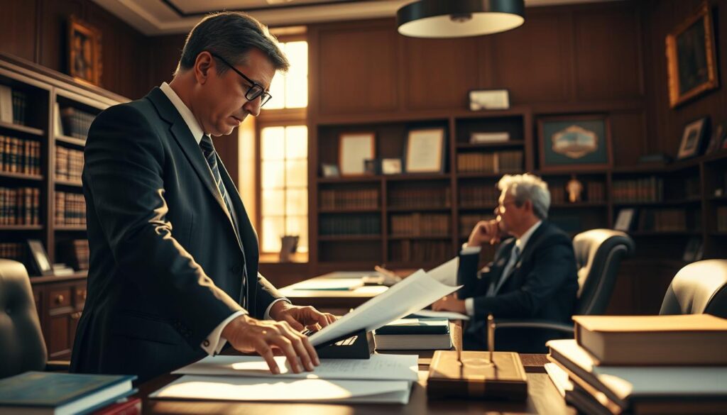 A law office interior, bathed in warm, golden light filtering through large windows. In the foreground, a serious-looking distracted driving accident lawyer stands at a desk, fingers poised over a keyboard as they review case files. The middle ground features a client seated across from the lawyer, engaged in a thoughtful discussion. The background showcases bookshelves, framed degrees, and other accoutrements of a professional legal practice, conveying a sense of expertise and authority. The overall atmosphere is one of focus, diligence, and the careful navigation of the legal process on behalf of the client.