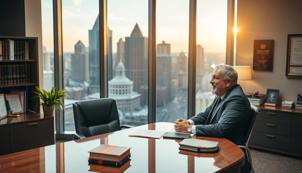 A legal office in a modern high-rise, with floor-to-ceiling windows overlooking the Charlotte skyline. In the foreground, a motorcycle accident victim sits at a desk, talking earnestly with a sympathetic lawyer. The lighting is warm and professional, casting a glow on the scene. The lawyer's body language conveys compassion and expertise, while the client's posture suggests relief and trust. In the background, subtle details like law books, awards, and framed certificates reinforce the competence and credibility of the practice. The overall atmosphere is one of expertise, care, and the promise of effective legal representation for the motorcycle accident victim. A legal office in a modern high-rise, with floor-to-ceiling windows overlooking the Charlotte skyline. In the foreground, a motorcycle accident victim sits at a desk, talking earnestly with a sympathetic lawyer. The lighting is warm and professional, casting a glow on the scene. The lawyer's body language conveys compassion and expertise, while the client's posture suggests relief and trust. In the background, subtle details like law books, awards, and framed certificates reinforce the competence and credibility of the practice. The overall atmosphere is one of expertise, care, and the promise of effective legal representation for the motorcycle accident victim.