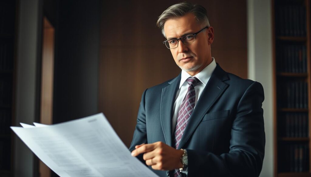 A legal professional in a sharp suit and tie, standing confidently in a dimly lit office. Bookshelf-lined walls create a serious, authoritative atmosphere. Soft, dramatic lighting casts shadows, emphasizing the attorney's focused expression as they review documents related to a boating accident case. The scene conveys expertise, diligence, and a commitment to securing justice for their client who has been affected by a devastating boating incident. A legal professional in a sharp suit and tie, standing confidently in a dimly lit office. Bookshelf-lined walls create a serious, authoritative atmosphere. Soft, dramatic lighting casts shadows, emphasizing the attorney's focused expression as they review documents related to a boating accident case. The scene conveys expertise, diligence, and a commitment to securing justice for their client who has been affected by a devastating boating incident.