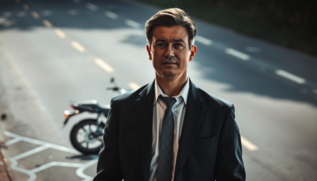 A legal professional in a sharp suit, standing confidently against a backdrop of a motorcycle accident scene. Dramatic lighting casts shadows, creating a sense of tension and urgency. The lawyer's expression conveys expertise and determination, ready to advocate for the client's rights. In the middle ground, the damaged motorcycle lies on the pavement, surrounded by skid marks and debris, hinting at the severity of the collision. The background is blurred, keeping the focus on the lawyer as the central figure, ready to navigate the complexities of a motorcycle accident case.