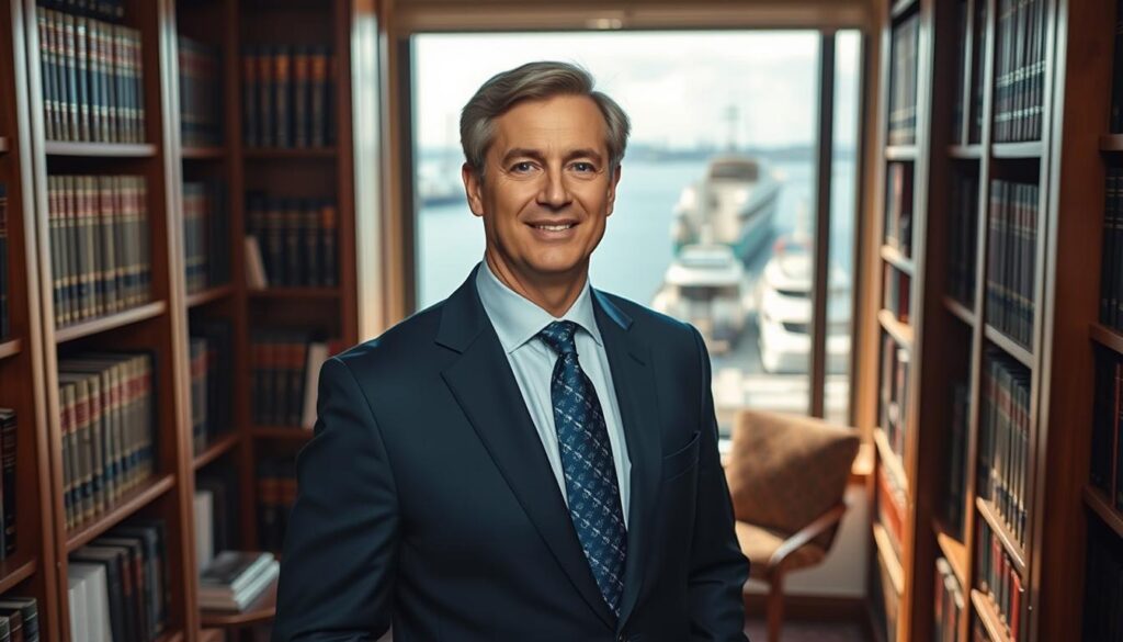 A maritime law specialist stands confidently in their office, surrounded by bookshelves filled with maritime law tomes. They are dressed in a crisp, navy blue suit, conveying a sense of authority and expertise. The lighting is warm and focused, casting subtle shadows that accentuate the details of their face and the intricate patterns on their tie. In the background, a large window overlooks a bustling harbor, with ships and yachts gently swaying in the waves, a subtle nod to the specialist's area of expertise. The overall atmosphere is one of professionalism, competence, and a deep understanding of the complex world of maritime law. A maritime law specialist stands confidently in their office, surrounded by bookshelves filled with maritime law tomes. They are dressed in a crisp, navy blue suit, conveying a sense of authority and expertise. The lighting is warm and focused, casting subtle shadows that accentuate the details of their face and the intricate patterns on their tie. In the background, a large window overlooks a bustling harbor, with ships and yachts gently swaying in the waves, a subtle nod to the specialist's area of expertise. The overall atmosphere is one of professionalism, competence, and a deep understanding of the complex world of maritime law.