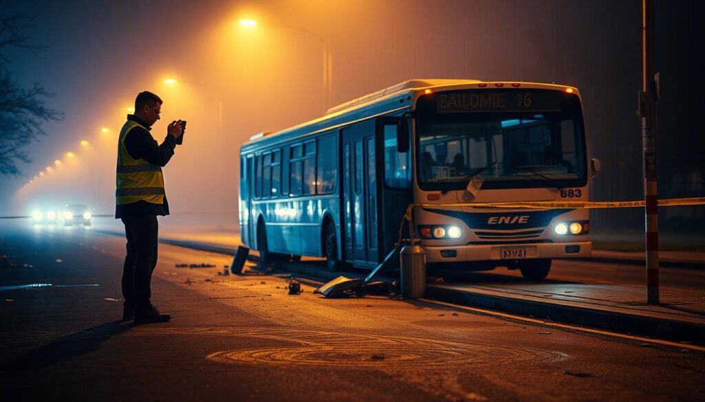 A meticulously documented accident scene on a dimly lit street, with a police officer carefully photographing and collecting evidence. The foreground depicts the officer examining tire marks, broken glass, and other details, while in the middle ground, a wrecked bus sits on the curb, its front end crumpled. The background is hazy, with streetlamps casting a warm, amber glow, creating a sense of urgency and investigation. The lighting is a mix of cool shadows and warm highlights, accentuating the textures and contours of the scene. The overall atmosphere is one of meticulous attention to detail and a determination to uncover the truth. A meticulously documented accident scene on a dimly lit street, with a police officer carefully photographing and collecting evidence. The foreground depicts the officer examining tire marks, broken glass, and other details, while in the middle ground, a wrecked bus sits on the curb, its front end crumpled. The background is hazy, with streetlamps casting a warm, amber glow, creating a sense of urgency and investigation. The lighting is a mix of cool shadows and warm highlights, accentuating the textures and contours of the scene. The overall atmosphere is one of meticulous attention to detail and a determination to uncover the truth.