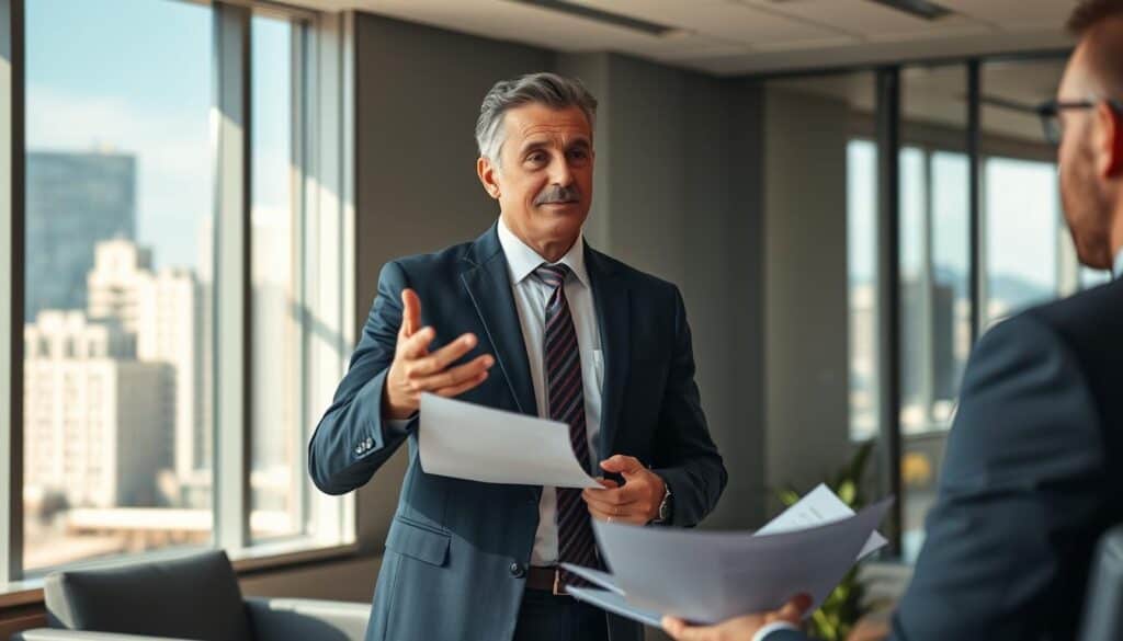 A middle-aged, confident-looking male attorney in a sharp suit stands in a modern, well-lit law office, gesturing emphatically while discussing documents with a client. The office interior features sleek, minimalist furnishings and large windows overlooking a cityscape in the background. Warm, natural lighting casts subtle shadows, highlighting the attorney's authoritative presence and the client's attentive posture. The composition conveys a sense of expertise, professionalism, and the attorney's ability to effectively advocate for those injured in pedestrian accidents.