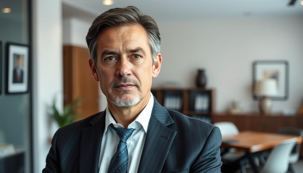 A middle-aged, experienced motorcycle accident attorney standing confidently in a modern law office. Dressed in a well-tailored suit, the attorney has a determined expression and projects an air of professionalism. The lighting is soft and directional, creating subtle shadows that accentuate the attorney's features. The background is a clean, minimalist office setting with tasteful decor, conveying a sense of expertise and trustworthiness. The overall mood is one of competence and reliability, reflecting the attorney's deep knowledge of local motorcycle accident laws and ability to effectively advocate for their clients. A middle-aged, experienced motorcycle accident attorney standing confidently in a modern law office. Dressed in a well-tailored suit, the attorney has a determined expression and projects an air of professionalism. The lighting is soft and directional, creating subtle shadows that accentuate the attorney's features. The background is a clean, minimalist office setting with tasteful decor, conveying a sense of expertise and trustworthiness. The overall mood is one of competence and reliability, reflecting the attorney's deep knowledge of local motorcycle accident laws and ability to effectively advocate for their clients.