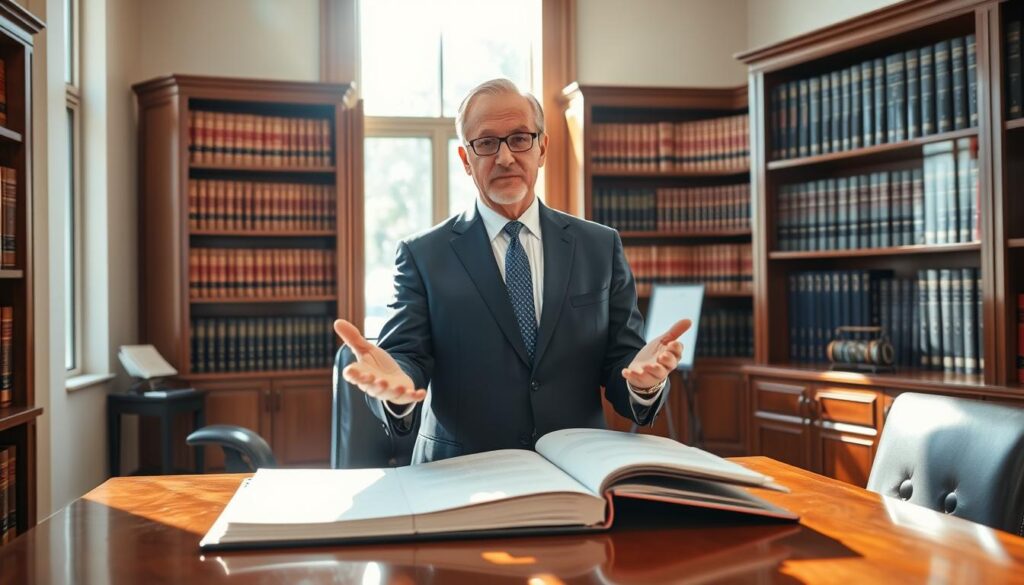 A middle-aged, experienced truck accident attorney stands confidently in a modern, well-appointed law office. Sunlight streams through large windows, casting a warm glow on the polished wooden desk and bookshelves filled with legal tomes. The attorney, dressed in a crisp, navy blue suit, gestures with authority as they discuss a case file with a client. The room exudes an atmosphere of professionalism, expertise, and a track record of successful settlements and verdicts.