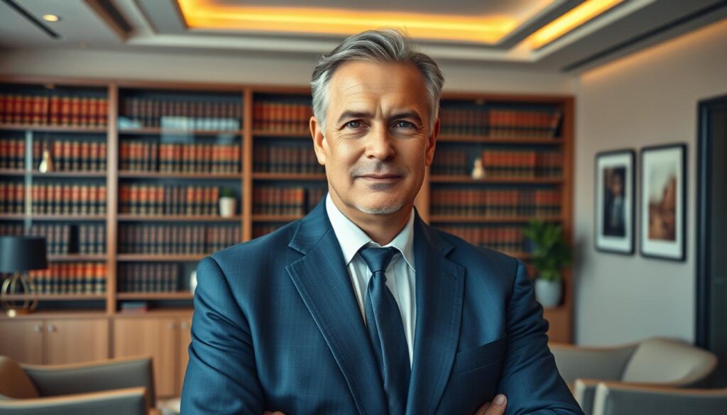 A middle-aged man in a sharp, navy blue suit stands confidently in a modern, well-lit law office. His face exudes experience and professionalism, his gaze focused and determined. The office behind him is tastefully decorated, with sleek furniture, a large bookcase filled with legal tomes, and subtle artwork on the walls. Warm, directional lighting from above casts subtle shadows, accentuating the lawyer's confident demeanor. The scene conveys an atmosphere of expertise, reliability, and a deep understanding of traffic law.