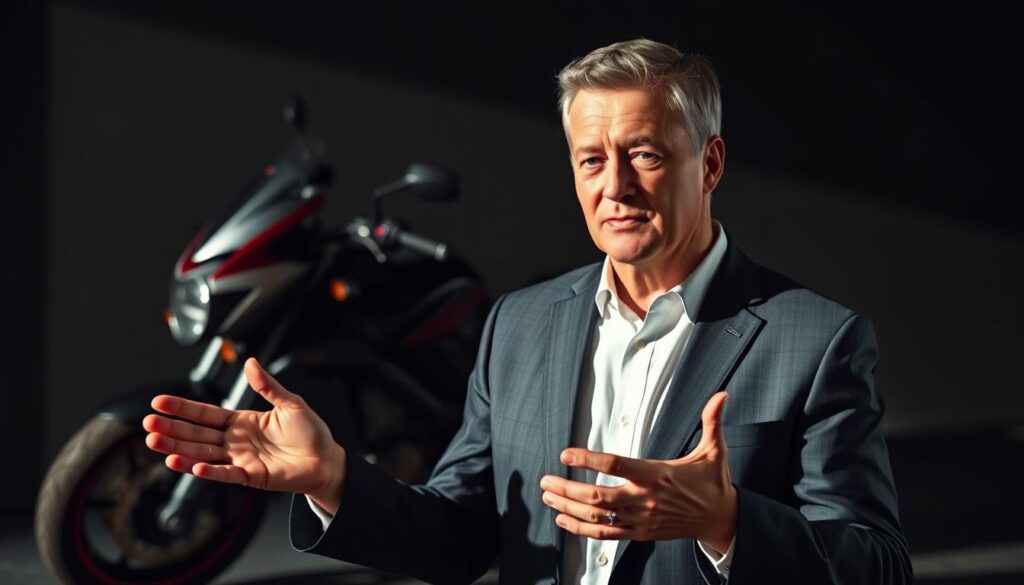 A middle-aged man in a sharp suit stands confidently, gesturing emphatically as he speaks to a client. The lighting is dramatic, casting deep shadows that accentuate his features. In the background, a sleek motorcycle is prominently displayed, symbolizing the practice's expertise in motorcycle accident cases. The composition conveys a sense of professionalism, authority, and a commitment to securing the best possible outcomes for clients. A middle-aged man in a sharp suit stands confidently, gesturing emphatically as he speaks to a client. The lighting is dramatic, casting deep shadows that accentuate his features. In the background, a sleek motorcycle is prominently displayed, symbolizing the practice's expertise in motorcycle accident cases. The composition conveys a sense of professionalism, authority, and a commitment to securing the best possible outcomes for clients.