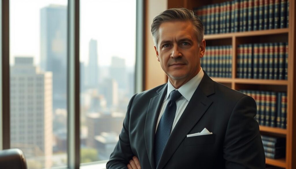 A middle-aged man in a suit and tie, standing confidently in a well-lit, modern law office. In the background, a bookshelf filled with law books and a large window overlooking a city skyline. The man's expression is serious, conveying his expertise and dedication to his specialty - motorcycle accident law. The lighting is warm and professional, highlighting the man's authoritative presence. The scene is captured with a medium-wide angle lens, providing a sense of depth and context to the image. A middle-aged man in a suit and tie, standing confidently in a well-lit, modern law office. In the background, a bookshelf filled with law books and a large window overlooking a city skyline. The man's expression is serious, conveying his expertise and dedication to his specialty - motorcycle accident law. The lighting is warm and professional, highlighting the man's authoritative presence. The scene is captured with a medium-wide angle lens, providing a sense of depth and context to the image.