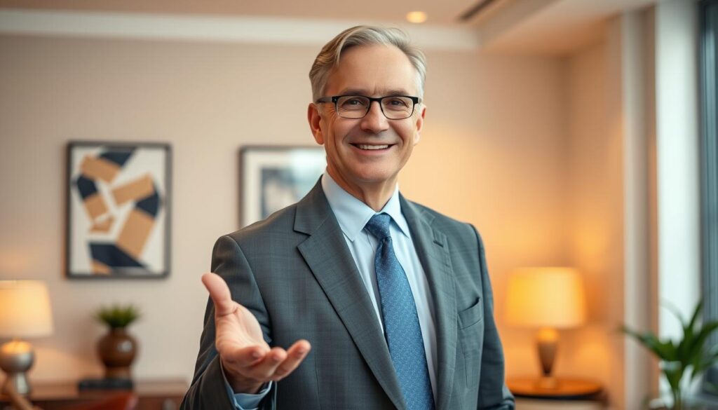 A middle-aged man with a professional, friendly demeanor stands in a well-lit office, dressed in a crisp suit and tie. He gestures with an open palm, conveying approachability and attentiveness. The background features tasteful, modern decor, suggesting a sophisticated yet welcoming environment. Warm, directional lighting illuminates his face, creating a sense of trustworthiness and expertise. The overall scene evokes the confident yet compassionate presence of a general personal injury lawyer, ready to assist clients with their legal needs. A middle-aged man with a professional, friendly demeanor stands in a well-lit office, dressed in a crisp suit and tie. He gestures with an open palm, conveying approachability and attentiveness. The background features tasteful, modern decor, suggesting a sophisticated yet welcoming environment. Warm, directional lighting illuminates his face, creating a sense of trustworthiness and expertise. The overall scene evokes the confident yet compassionate presence of a general personal injury lawyer, ready to assist clients with their legal needs.