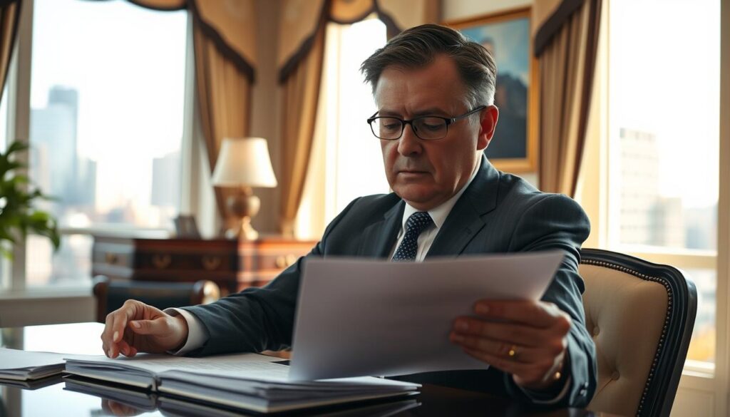 A middle-aged person in a professional attire, seated at a desk, intently reviewing legal documents. The scene is set in a well-lit, elegant office, with tasteful decor and large windows offering a view of a cityscape in the background. The subject's facial expression conveys a serious, focused demeanor, hinting at their expertise and dedication to their craft as a prenuptial agreement specialist. The lighting is soft and natural, creating a warm, authoritative atmosphere. The angle is slightly elevated, giving a sense of the subject's authority and command of the subject matter. A middle-aged person in a professional attire, seated at a desk, intently reviewing legal documents. The scene is set in a well-lit, elegant office, with tasteful decor and large windows offering a view of a cityscape in the background. The subject's facial expression conveys a serious, focused demeanor, hinting at their expertise and dedication to their craft as a prenuptial agreement specialist. The lighting is soft and natural, creating a warm, authoritative atmosphere. The angle is slightly elevated, giving a sense of the subject's authority and command of the subject matter.