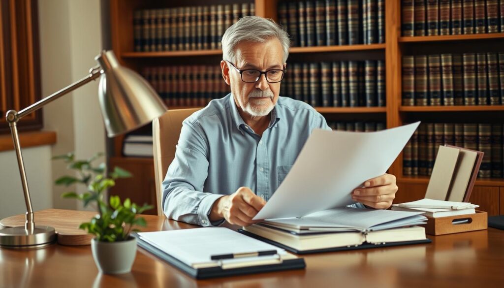 A middle-aged person seated at a wooden desk, carefully reviewing legal documents and files related to elder law. The desk is adorned with a small potted plant, a stylish desk lamp, and a few organizational trays. The person wears a professional attire, with a focused expression on their face, conveying the gravity of the task at hand. The room is bathed in warm, natural lighting, creating a serene and contemplative atmosphere. The background features a bookshelf filled with legal volumes, hinting at the depth of knowledge required for this specialized field. A middle-aged person seated at a wooden desk, carefully reviewing legal documents and files related to elder law. The desk is adorned with a small potted plant, a stylish desk lamp, and a few organizational trays. The person wears a professional attire, with a focused expression on their face, conveying the gravity of the task at hand. The room is bathed in warm, natural lighting, creating a serene and contemplative atmosphere. The background features a bookshelf filled with legal volumes, hinting at the depth of knowledge required for this specialized field.