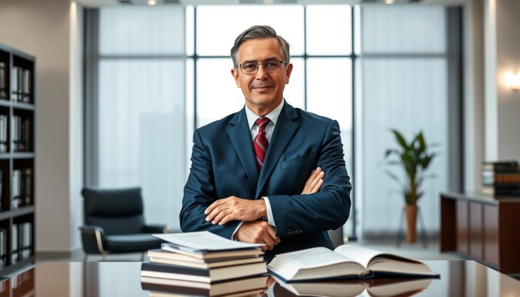 A middle-aged, professional-looking person standing in a modern, well-lit law office, wearing a crisp, navy blue suit and a confident expression. They are sitting at a desk, surrounded by legal books and documents, conveying an air of expertise and authority. The background features large windows, allowing natural light to filter in, and sleek, minimalist decor, creating a sense of professionalism and competence. The overall scene evokes a trustworthy and knowledgeable legal expert ready to advocate for employee rights.