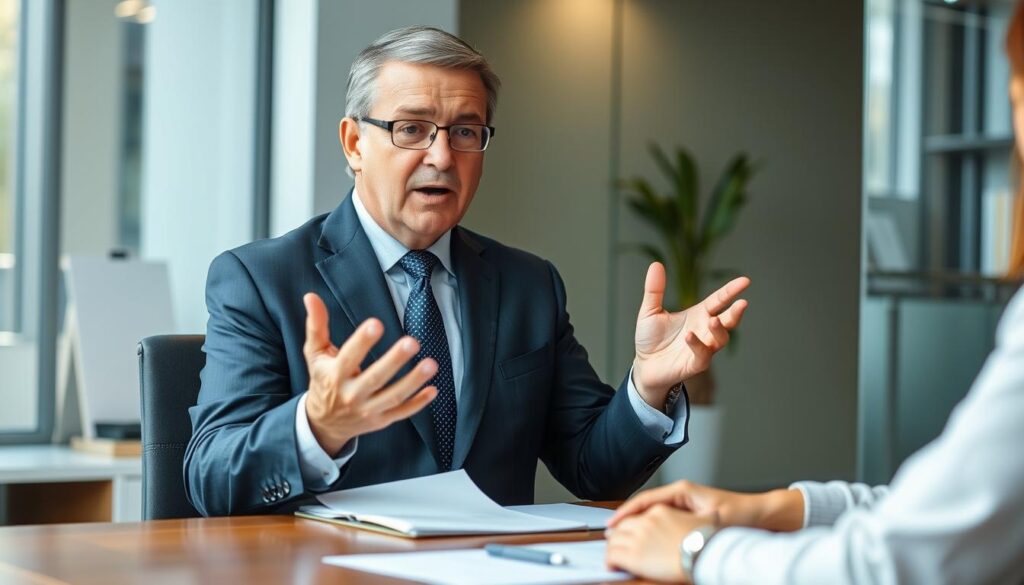 A middle-aged, smartly dressed man with a serious expression, standing in a modern, well-lit law office. He gestures expressively as he explains the legal process to a client, their hands and documents visible on a sleek wooden desk in the foreground. The background is blurred, suggesting the focus is on the attorney's authoritative, yet reassuring demeanor as he guides the client through the intricacies of a dog bite case.
