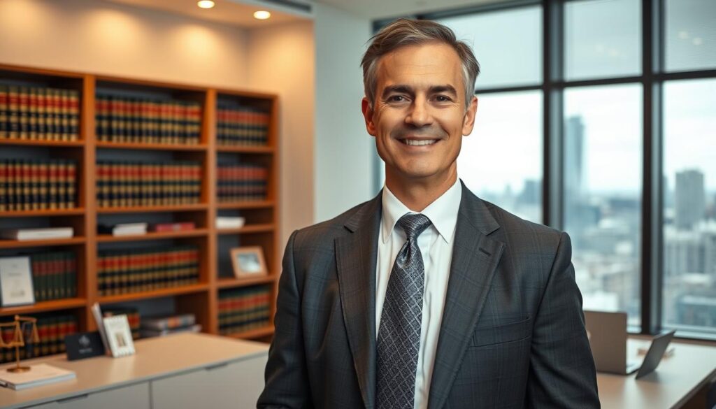 A middle-aged, well-dressed man in a suit and tie, standing confidently in a modern law office. The background features a bookshelf filled with legal tomes, a large window overlooking a bustling city skyline, and a minimalist desk with a laptop and a few personal mementos. The lighting is warm and professional, with a slight vignette effect to draw the focus to the subject. The man's expression conveys expertise, approachability, and a dedication to his craft as a commercial vehicle collision attorney.