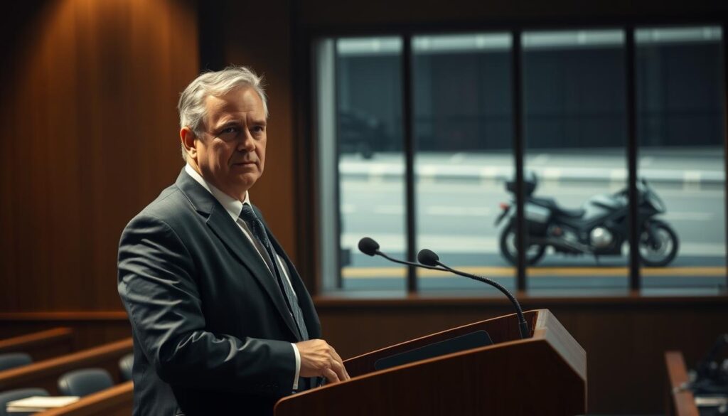 A middle-aged, well-dressed man standing confidently in a courtroom, his hand on a podium as he addresses the jury. Dramatic lighting casts dramatic shadows, highlighting his determined expression. In the background, a motorcycle accident scene is visible through the window, conveying the subject matter of the case. The scene exudes a sense of legal authority and gravitas, befitting a motorcycle crash attorney taking a case to trial. A middle-aged, well-dressed man standing confidently in a courtroom, his hand on a podium as he addresses the jury. Dramatic lighting casts dramatic shadows, highlighting his determined expression. In the background, a motorcycle accident scene is visible through the window, conveying the subject matter of the case. The scene exudes a sense of legal authority and gravitas, befitting a motorcycle crash attorney taking a case to trial.