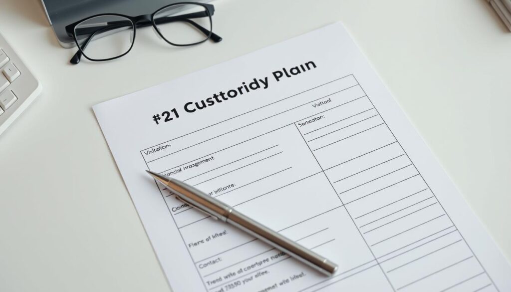 A minimalist, clean, and professional-looking child custody plan template on a light-colored desk, with a pen, glasses, and a subtle background of office supplies. The template should have a structured layout with clearly defined sections for details like visitation schedules, financial arrangements, and contact information. The overall scene should convey a sense of organization, practicality, and attention to detail, suitable for use in an article about managing child support and custody without a lawyer. A minimalist, clean, and professional-looking child custody plan template on a light-colored desk, with a pen, glasses, and a subtle background of office supplies. The template should have a structured layout with clearly defined sections for details like visitation schedules, financial arrangements, and contact information. The overall scene should convey a sense of organization, practicality, and attention to detail, suitable for use in an article about managing child support and custody without a lawyer.