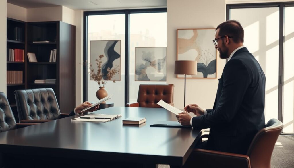 A modern law office interior, with a large desk in the foreground where an auto accident lawyer and client are engaged in a fee negotiation discussion. The lawyer is presenting documents and gesturing animatedly, while the client listens intently. Soft, natural lighting filters in through large windows, creating a professional yet approachable atmosphere. The room is tastefully decorated with leather chairs, bookshelves, and abstract artwork, conveying a sense of authority and expertise. The scene captures the delicate balance of negotiating legal fees, with both parties working towards a mutually beneficial agreement.