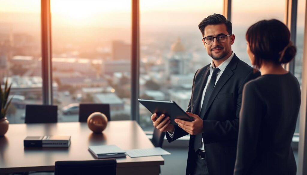 A modern, minimalist law office interior with large windows overlooking the city of Irvine, California. In the foreground, a confident, well-dressed car accident lawyer stands by their desk, holding a tablet and discussing paperwork with a client. The lighting is warm and professional, casting a soft glow throughout the space. In the background, the cityscape is visible through the windows, showcasing the vibrant, bustling atmosphere of Orange County. The overall mood conveys expertise, reliability, and a commitment to helping clients navigate the complexities of the insurance claim process.