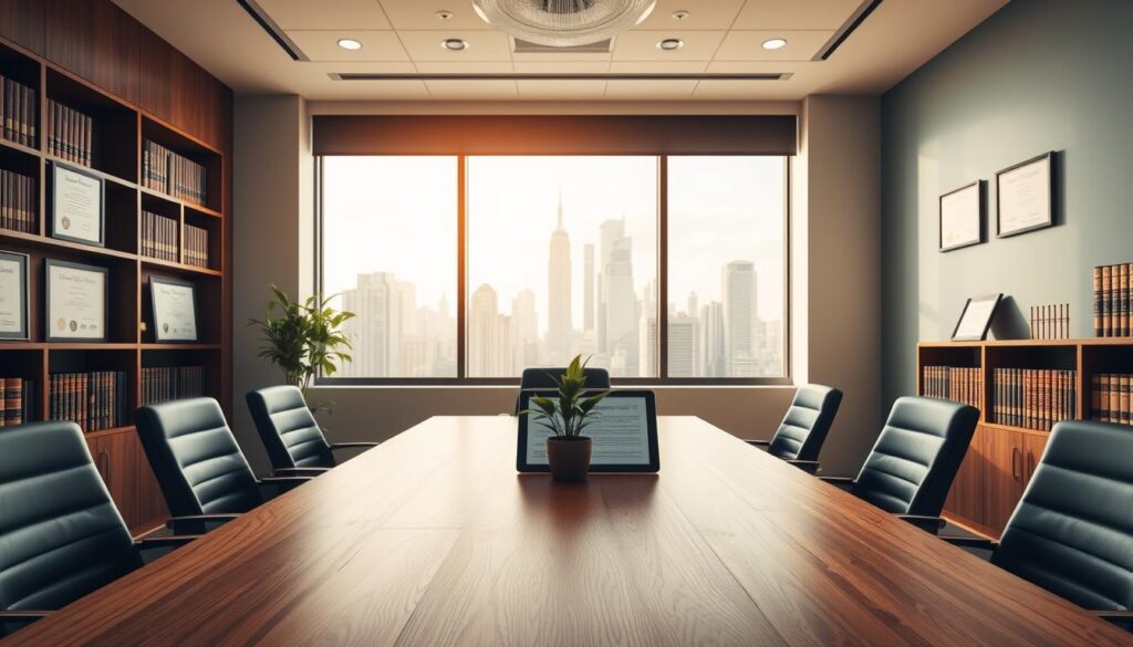 A modern, minimalist law office interior. In the foreground, a wooden conference table with sleek, ergonomic chairs. The table is adorned with a potted plant and a tablet displaying legal documents. In the middle ground, a large window overlooking a bustling city skyline, bathed in warm, natural light. The walls are adorned with framed law degrees and certifications, conveying a sense of expertise and professionalism. The background features built-in bookshelves filled with legal volumes, creating an atmosphere of intellectual rigor. The overall mood is one of approachability, with a focus on client comfort and the attorney's dedication to their practice.