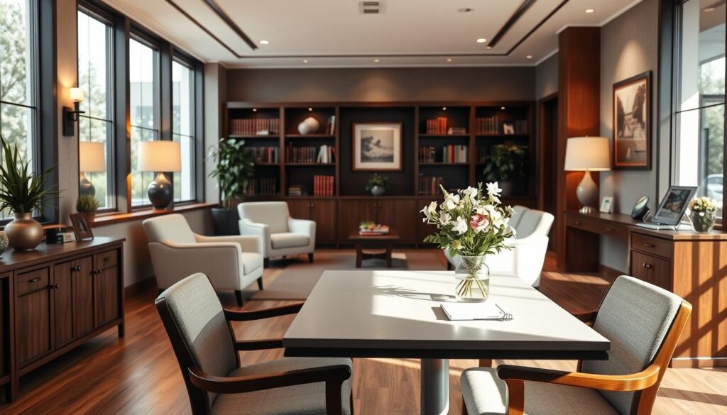 A modern, professional office interior with large windows, wooden furniture, and tasteful decor. In the foreground, a table with two chairs, symbolizing a mediation session. On the table, a vase of fresh flowers and a notepad. In the middle ground, bookshelves and artwork on the walls, conveying a sense of expertise and authority. The lighting is warm and inviting, creating a calm, collaborative atmosphere. The overall impression is one of a welcoming, trustworthy space for resolving legal disputes.