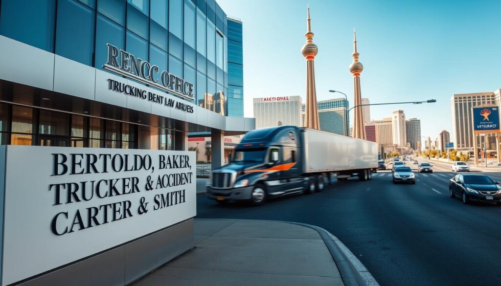 A modern, sleek law office exterior with bold signage reading "Bertoldo, Baker, Carter & Smith - Trucking Accident Lawyers" in the foreground. The building is made of glass and steel, exuding a professional, sophisticated atmosphere. In the middle ground, a busy Las Vegas street with passing traffic, including a large semi-truck. The background features the iconic Las Vegas skyline, with the Stratosphere tower and other high-rise buildings visible. The lighting is crisp and bright, creating a sense of clarity and attention to detail. The overall scene conveys the expertise and capabilities of this top-tier trucking accident law firm serving the Las Vegas community. A modern, sleek law office exterior with bold signage reading "Bertoldo, Baker, Carter & Smith - Trucking Accident Lawyers" in the foreground. The building is made of glass and steel, exuding a professional, sophisticated atmosphere. In the middle ground, a busy Las Vegas street with passing traffic, including a large semi-truck. The background features the iconic Las Vegas skyline, with the Stratosphere tower and other high-rise buildings visible. The lighting is crisp and bright, creating a sense of clarity and attention to detail. The overall scene conveys the expertise and capabilities of this top-tier trucking accident law firm serving the Las Vegas community.