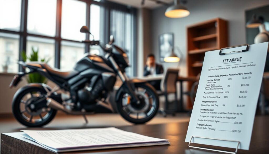 A modern, sleek motorcycle parked in a well-lit law office, conveying the professional setting. In the foreground, a neatly organized document detailing a clear fee structure, with specific percentages and payment terms. In the middle ground, a focused, attentive lawyer sitting at a desk, discussing the details with a client. The lighting is warm and inviting, creating a sense of trust and transparency. The overall atmosphere suggests a sophisticated, trustworthy legal practice dedicated to securing the best results for motorcycle accident victims. A modern, sleek motorcycle parked in a well-lit law office, conveying the professional setting. In the foreground, a neatly organized document detailing a clear fee structure, with specific percentages and payment terms. In the middle ground, a focused, attentive lawyer sitting at a desk, discussing the details with a client. The lighting is warm and inviting, creating a sense of trust and transparency. The overall atmosphere suggests a sophisticated, trustworthy legal practice dedicated to securing the best results for motorcycle accident victims.