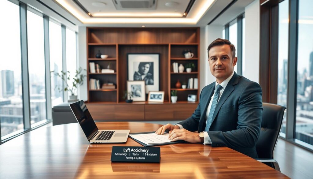 A modern, sleek office interior with sophisticated lighting and clean lines. In the foreground, a well-dressed Lyft accident attorney sits at a wooden desk, laptop open and documents neatly arranged. On the desk, a placard displays the attorney's name and credentials. The middle ground showcases stylish bookshelves and artwork, creating a professional yet approachable atmosphere. The background features floor-to-ceiling windows, allowing natural light to flood the space and providing a panoramic view of a bustling city skyline. The overall impression conveys the attorney's expertise, transparency, and commitment to providing exceptional legal services. A modern, sleek office interior with sophisticated lighting and clean lines. In the foreground, a well-dressed Lyft accident attorney sits at a wooden desk, laptop open and documents neatly arranged. On the desk, a placard displays the attorney's name and credentials. The middle ground showcases stylish bookshelves and artwork, creating a professional yet approachable atmosphere. The background features floor-to-ceiling windows, allowing natural light to flood the space and providing a panoramic view of a bustling city skyline. The overall impression conveys the attorney's expertise, transparency, and commitment to providing exceptional legal services.