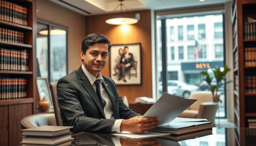 A modern, well-appointed law office with a warm, inviting atmosphere. In the foreground, a confident, professional-looking consumer law attorney sits at their desk, intently reviewing documents. Tasteful, contemporary decor surrounds them, including bookshelves filled with legal tomes. Soft, diffused lighting from overhead fixtures creates a comfortable, approachable ambiance. The attorney's posture and expression convey a sense of expertise and dedication to their clients' needs. In the background, a large window offers a view of a bustling city street, hinting at the dynamic, urban setting. The overall impression is one of a capable, trustworthy legal professional ready to advocate for the rights of consumers. A modern, well-appointed law office with a warm, inviting atmosphere. In the foreground, a confident, professional-looking consumer law attorney sits at their desk, intently reviewing documents. Tasteful, contemporary decor surrounds them, including bookshelves filled with legal tomes. Soft, diffused lighting from overhead fixtures creates a comfortable, approachable ambiance. The attorney's posture and expression convey a sense of expertise and dedication to their clients' needs. In the background, a large window offers a view of a bustling city street, hinting at the dynamic, urban setting. The overall impression is one of a capable, trustworthy legal professional ready to advocate for the rights of consumers.