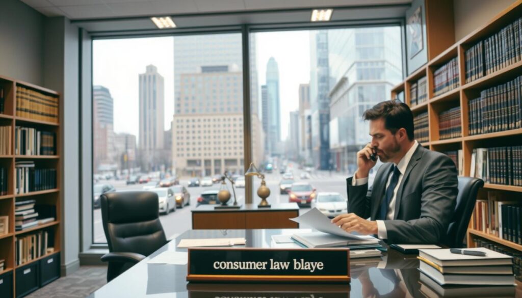 A modern, well-lit office interior with a large window overlooking a busy city street. In the foreground, a professional-looking man in a suit sitting at a desk, consulting documents and speaking on a phone. On the desk, a nameplate reads "Consumer Law Attorney". The middle ground features bookshelves lining the walls, filled with legal volumes. The background shows the cityscape outside, with skyscrapers and traffic visible through the window. The overall atmosphere conveys a sense of expertise, reliability, and accessibility for legal services. A modern, well-lit office interior with a large window overlooking a busy city street. In the foreground, a professional-looking man in a suit sitting at a desk, consulting documents and speaking on a phone. On the desk, a nameplate reads "Consumer Law Attorney". The middle ground features bookshelves lining the walls, filled with legal volumes. The background shows the cityscape outside, with skyscrapers and traffic visible through the window. The overall atmosphere conveys a sense of expertise, reliability, and accessibility for legal services.