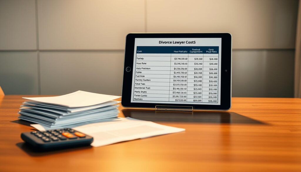 A neatly organized breakdown of divorce lawyer costs for 2025, depicted on a sleek, modern desk. In the foreground, a stack of documents and a calculator sit atop a polished wooden surface, bathed in warm, directional lighting. In the middle ground, a tablet displays a detailed cost analysis, with line items for hourly rates, flat fees, and other associated expenses. The background features a minimalist office setting, with a neutral-toned wall and a subtle pattern or texture that adds depth and sophistication to the scene. The overall mood is one of professionalism, attention to detail, and financial transparency, reflecting the informative nature of the "Divorce Lawyer Price: A Complete Cost Breakdown for 2025" section.