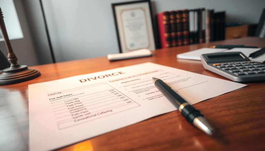 A neatly organized legal document on a wooden desk, illuminated by warm, directional lighting. In the foreground, a breakdown of legal fees - hourly rates, flat fees, and potential additional costs, conveying a sense of transparency and professionalism. In the middle ground, a pen and a calculator, hinting at the careful consideration required. The background features law books, a framed certificate, and a minimalist office decor, establishing an atmosphere of expertise and trustworthiness. The overall scene evokes a thoughtful, informative, and service-oriented approach to divorce legal services.