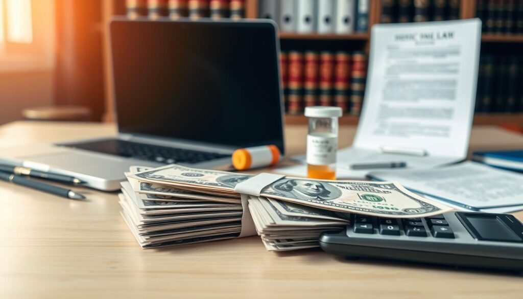 A neatly organized office scene with a desk, laptop, and documents. In the foreground, a stack of dollar bills and a calculator represent the financial aspects of medication error compensation. The middle ground features a medical vial and prescription pad, hinting at the medical context. The background showcases a bookshelf with legal tomes, conveying the legal expertise required. Warm, focused lighting illuminates the scene, creating a professional and authoritative atmosphere. The overall composition suggests the complexity and seriousness of the medication error compensation process. A neatly organized office scene with a desk, laptop, and documents. In the foreground, a stack of dollar bills and a calculator represent the financial aspects of medication error compensation. The middle ground features a medical vial and prescription pad, hinting at the medical context. The background showcases a bookshelf with legal tomes, conveying the legal expertise required. Warm, focused lighting illuminates the scene, creating a professional and authoritative atmosphere. The overall composition suggests the complexity and seriousness of the medication error compensation process.
