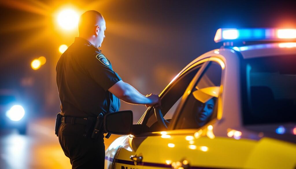 A police officer standing beside a pulled-over vehicle during a traffic stop, with the driver's hands visible on the steering wheel. The scene is illuminated by the flashing lights of the police car, casting an intense, dramatic glow. The officer's uniform and gear are detailed, and the vehicle's make and model are clearly identifiable. The background is blurred, focusing the viewer's attention on the interaction between the officer and the driver. The overall mood is tense yet professional, capturing the seriousness of the situation. A police officer standing beside a pulled-over vehicle during a traffic stop, with the driver's hands visible on the steering wheel. The scene is illuminated by the flashing lights of the police car, casting an intense, dramatic glow. The officer's uniform and gear are detailed, and the vehicle's make and model are clearly identifiable. The background is blurred, focusing the viewer's attention on the interaction between the officer and the driver. The overall mood is tense yet professional, capturing the seriousness of the situation.