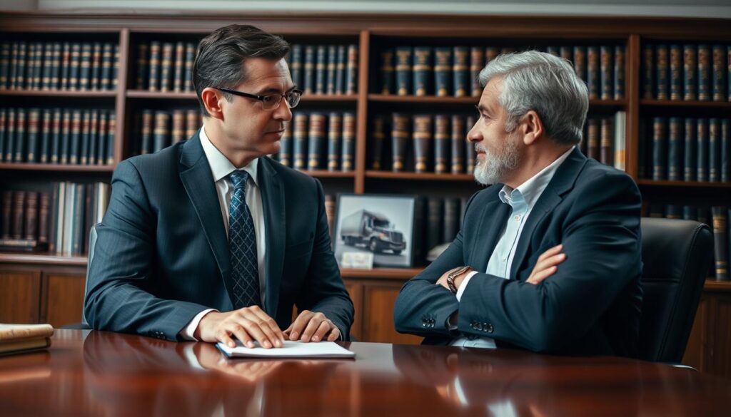 A professional attorney, dressed in a sharp suit, is engaged in a focused discussion with a concerned client who was recently involved in a truck accident. The scene is set in a well-appointed law office, with floor-to-ceiling bookshelves and a large, polished wooden desk in the foreground. Warm, directional lighting illuminates the faces of the two individuals, conveying a sense of earnest, thoughtful communication. The attorney's expression is one of empathy and attentiveness, while the client's body language reflects a mixture of anxiety and trust. The overall atmosphere suggests a productive, collaborative exchange aimed at finding the best legal solution for the client's situation.