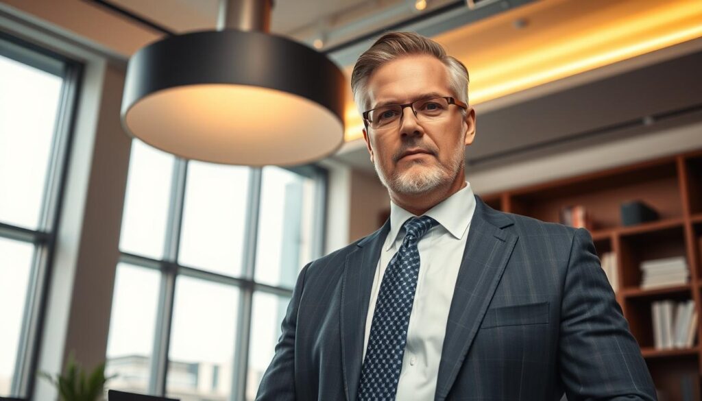 A professional commercial truck collision lawyer standing confidently in a modern law office, dressed in a well-tailored suit and tie. The office features large windows, clean lines, and sophisticated decor, creating an atmosphere of expertise and trustworthiness. Warm, directional lighting from a large overhead fixture casts a subtle glow, highlighting the lawyer's determined expression and the details of the office. The camera angle is slightly elevated, giving a sense of authority and professionalism. The overall tone is one of competence and reliability, reflecting the lawyer's ability to handle complex semi-truck accident cases. A professional commercial truck collision lawyer standing confidently in a modern law office, dressed in a well-tailored suit and tie. The office features large windows, clean lines, and sophisticated decor, creating an atmosphere of expertise and trustworthiness. Warm, directional lighting from a large overhead fixture casts a subtle glow, highlighting the lawyer's determined expression and the details of the office. The camera angle is slightly elevated, giving a sense of authority and professionalism. The overall tone is one of competence and reliability, reflecting the lawyer's ability to handle complex semi-truck accident cases.