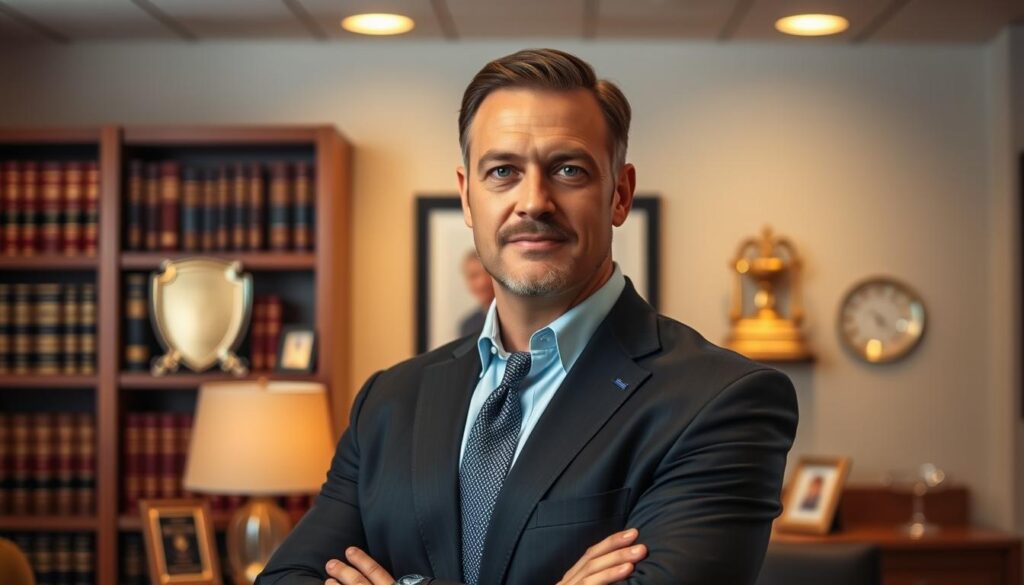 A professional, confident-looking Las Vegas truck accident attorney standing in a modern, well-appointed law office. Warm, indirect lighting casts a subtle glow, creating a sense of authority and expertise. The attorney's expression is serious yet approachable, conveying competence and a commitment to client advocacy. In the background, a bookshelf filled with legal tomes and awards suggests a depth of experience and knowledge. The overall scene exudes an air of credibility and trustworthiness, reflecting the attorney's qualifications to handle complex truck accident cases. A professional, confident-looking Las Vegas truck accident attorney standing in a modern, well-appointed law office. Warm, indirect lighting casts a subtle glow, creating a sense of authority and expertise. The attorney's expression is serious yet approachable, conveying competence and a commitment to client advocacy. In the background, a bookshelf filled with legal tomes and awards suggests a depth of experience and knowledge. The overall scene exudes an air of credibility and trustworthiness, reflecting the attorney's qualifications to handle complex truck accident cases.