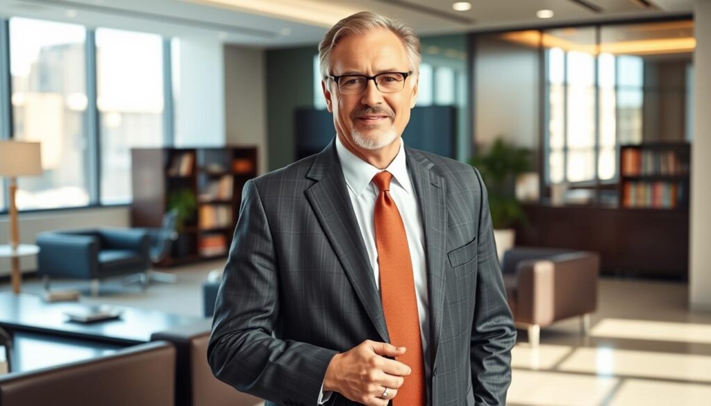 A professional, confident-looking middle-aged man wearing a sharp charcoal gray suit, standing in a modern, well-lit law office. He has a determined expression on his face, signaling his expertise and dedication to helping clients with slip and fall cases. The office features sleek, contemporary furniture and large windows, creating a sophisticated and trustworthy atmosphere. The lighting is warm and directional, casting subtle shadows that accentuate the man's features and convey a sense of authority. The overall impression is one of a competent, experienced slip and fall attorney ready to advocate for his clients. A professional, confident-looking middle-aged man wearing a sharp charcoal gray suit, standing in a modern, well-lit law office. He has a determined expression on his face, signaling his expertise and dedication to helping clients with slip and fall cases. The office features sleek, contemporary furniture and large windows, creating a sophisticated and trustworthy atmosphere. The lighting is warm and directional, casting subtle shadows that accentuate the man's features and convey a sense of authority. The overall impression is one of a competent, experienced slip and fall attorney ready to advocate for his clients.