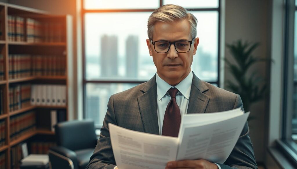 A professional, confident-looking middle-aged person in a suit standing in a well-lit office, examining documents related to a workplace injury case. The subject's facial expression conveys a sense of determination and expertise. In the background, there are shelves filled with law books and a large window overlooking a cityscape, suggesting a successful legal practice. The lighting is warm and focused, emphasizing the subject's competence and authority. The overall scene evokes the expertise and advocacy of a skilled work accident lawyer. A professional, confident-looking middle-aged person in a suit standing in a well-lit office, examining documents related to a workplace injury case. The subject's facial expression conveys a sense of determination and expertise. In the background, there are shelves filled with law books and a large window overlooking a cityscape, suggesting a successful legal practice. The lighting is warm and focused, emphasizing the subject's competence and authority. The overall scene evokes the expertise and advocacy of a skilled work accident lawyer.
